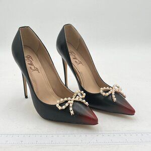 Black And Red Bowknot Pearl Pointed Toe Pumps High Heel Sexy Slip On Shoes